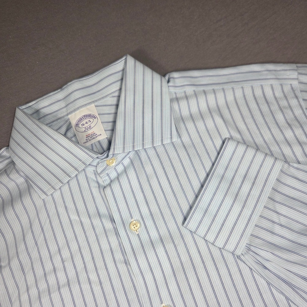 Brooks Brothers 346 Mens 16-4/5 L Slim Fit Non-Iron Striped Dress Shirt Blue